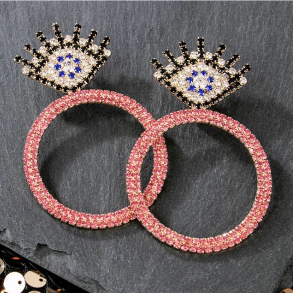 Pink Rhinestone Evil Eye Earrings